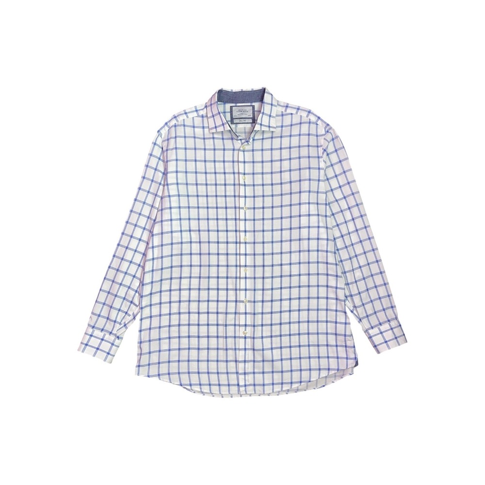 Charles Tyrwhitt Slim Fit Blue White Windowpane Check Cotton Dress Shirt 17.5 36